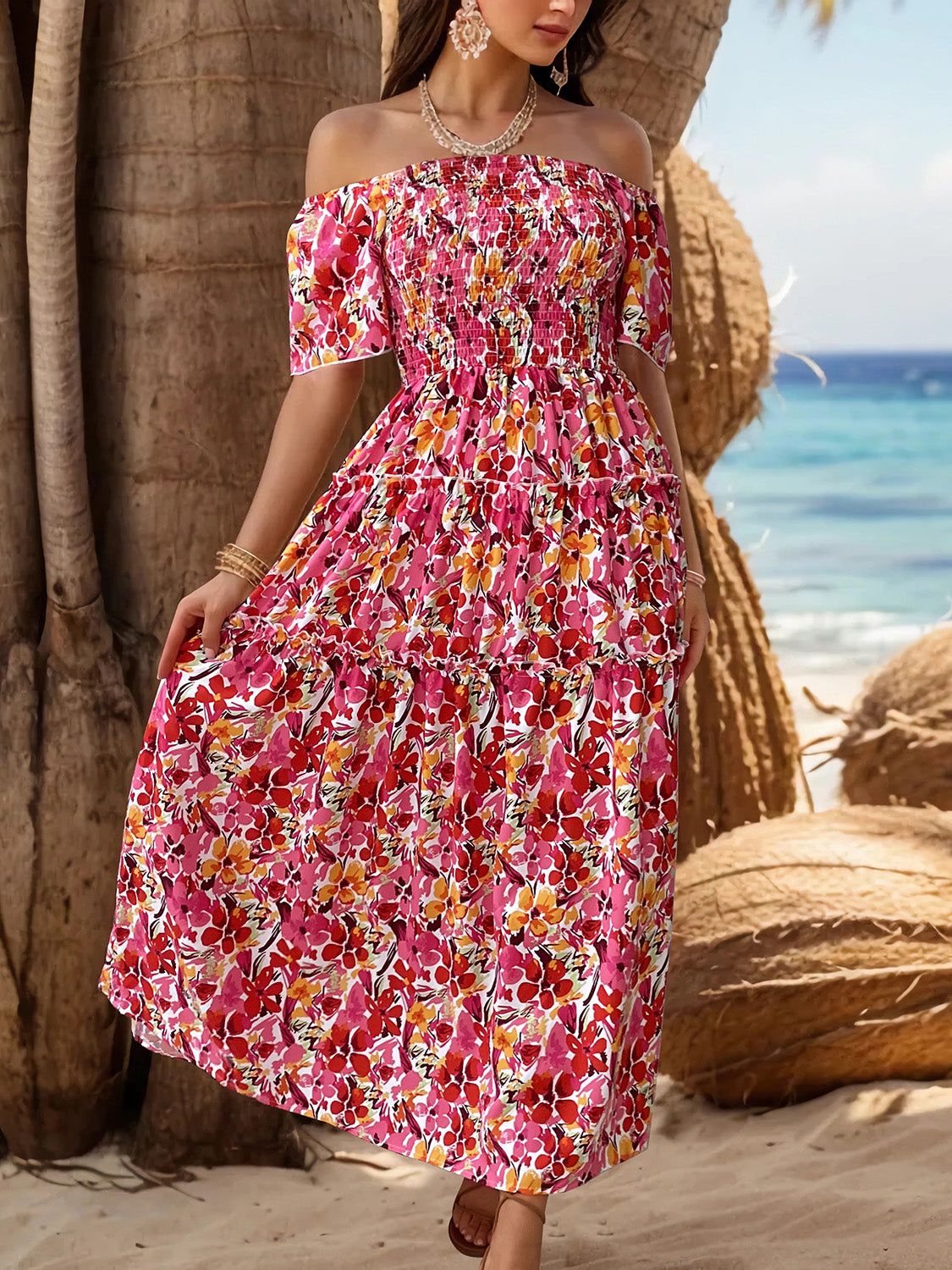 Slit Floral Off-Shoulder Short Sleeve Dress - Manor Rose