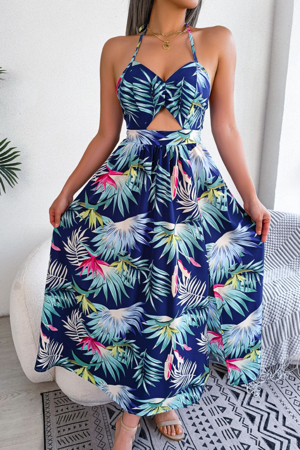 Botanical Print Tied Backless Cutout Slit Dress - Manor Rose