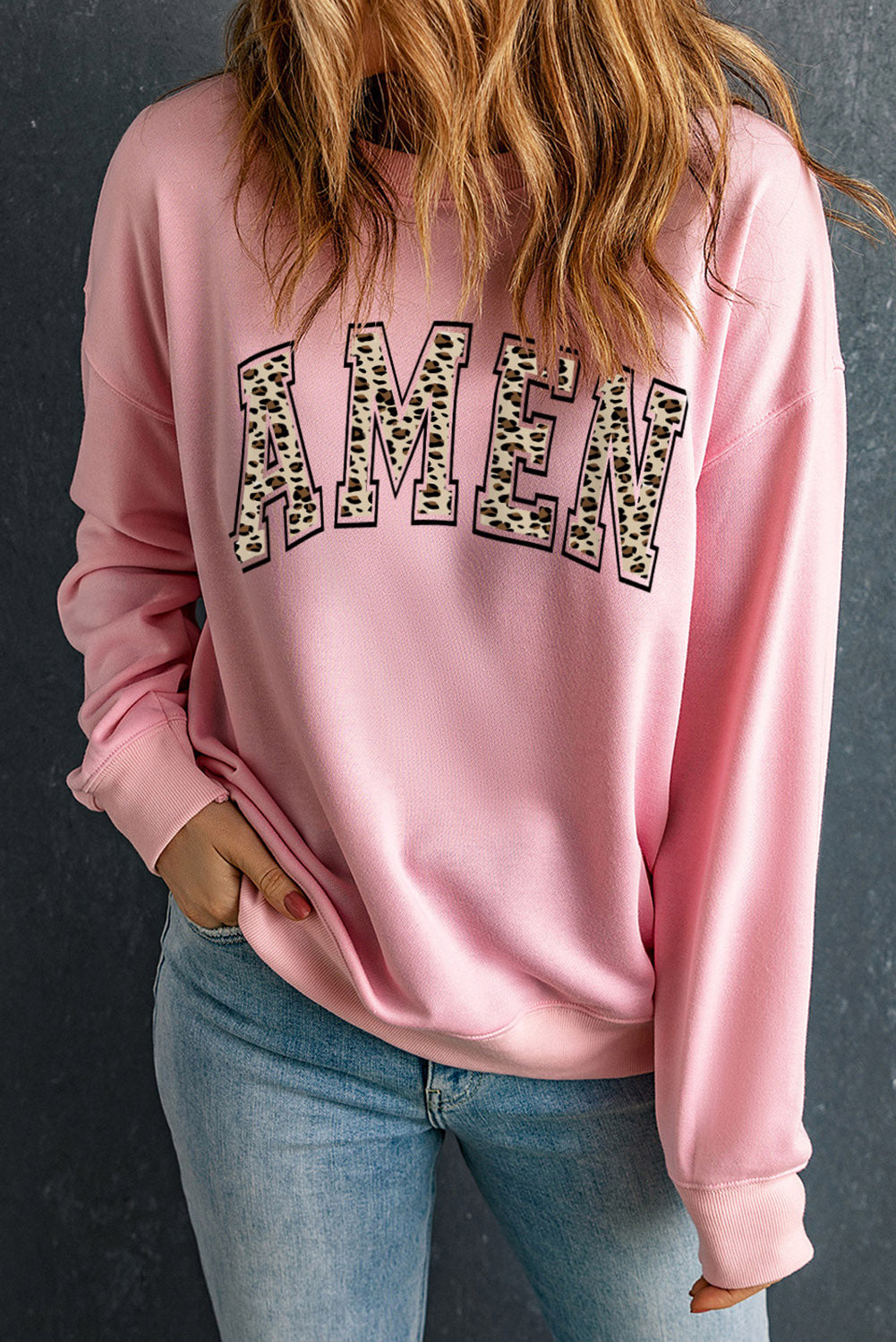 Round Neck Dropped Shoulder AMEN Graphic Sweatshirt - Manor Rose