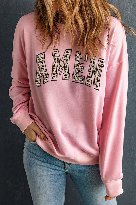 Round Neck Dropped Shoulder AMEN Graphic Sweatshirt - Manor Rose