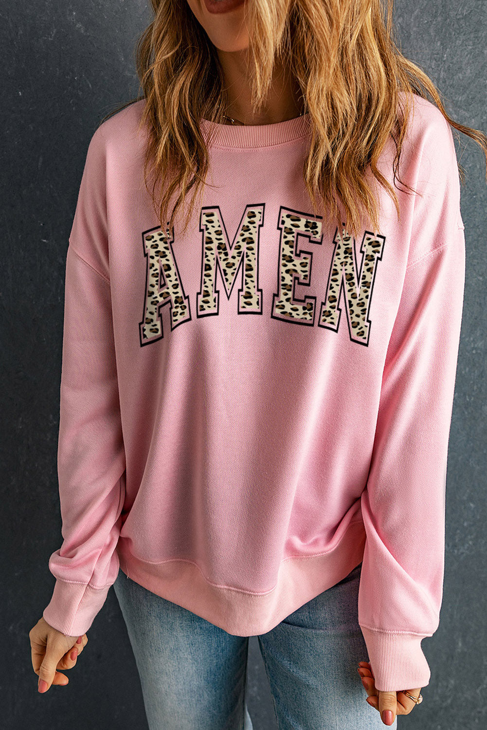 Round Neck Dropped Shoulder AMEN Graphic Sweatshirt - Manor Rose