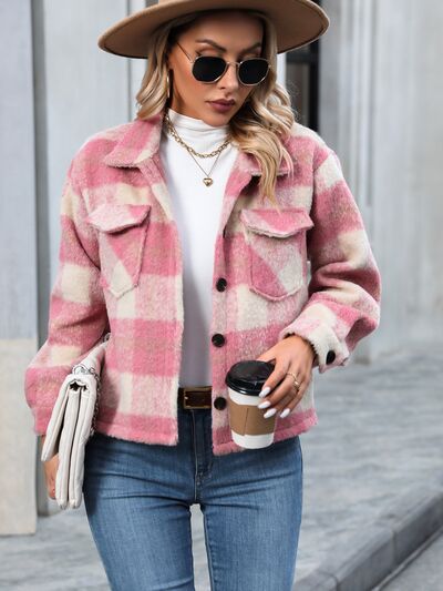 Plaid Button Up Dropped Shoulder Jacket - Manor Rose