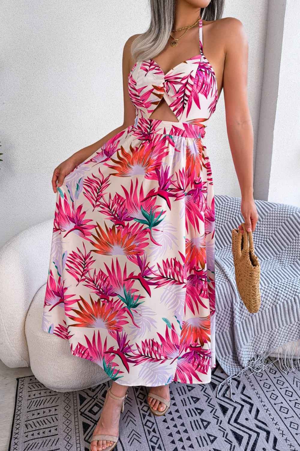 Botanical Print Tied Backless Cutout Slit Dress - Manor Rose