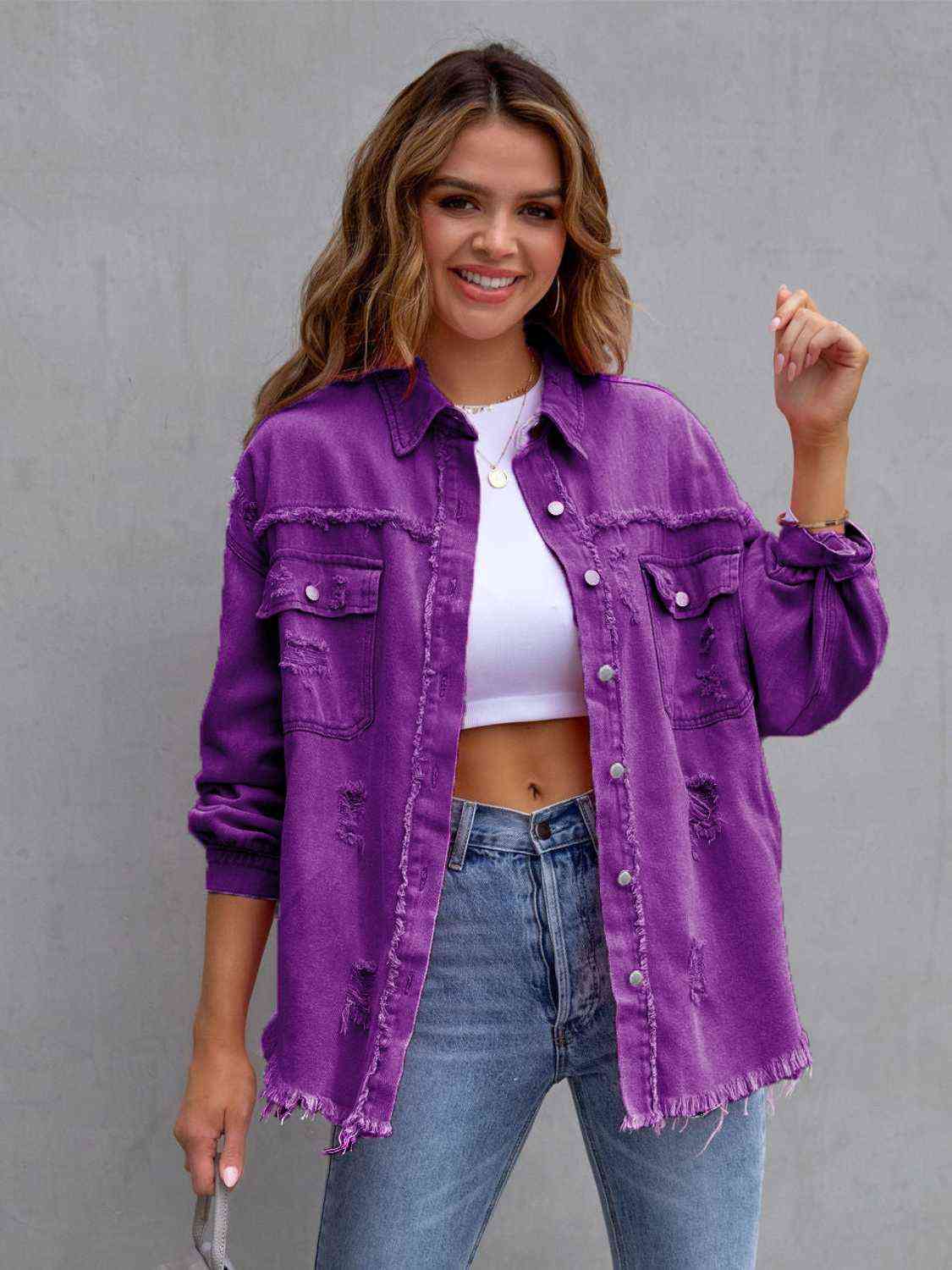 Distressed Drop Shoulder Denim Jacket - Manor Rose