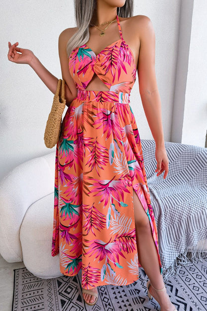 Botanical Print Tied Backless Cutout Slit Dress - Manor Rose