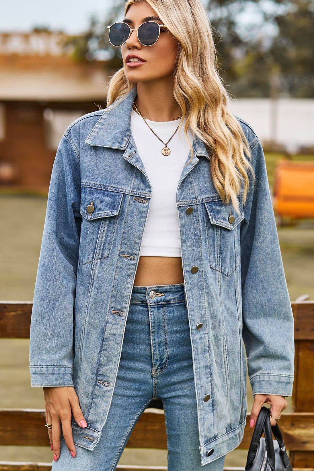 Buttoned Collared Neck Denim Jacket with Pockets - Manor Rose