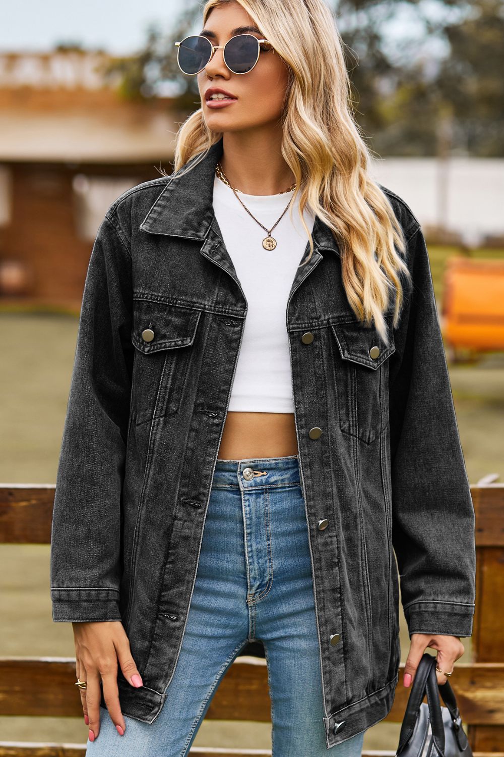 Buttoned Collared Neck Denim Jacket with Pockets - Manor Rose