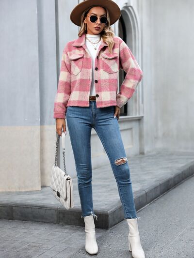 Plaid Button Up Dropped Shoulder Jacket - Manor Rose