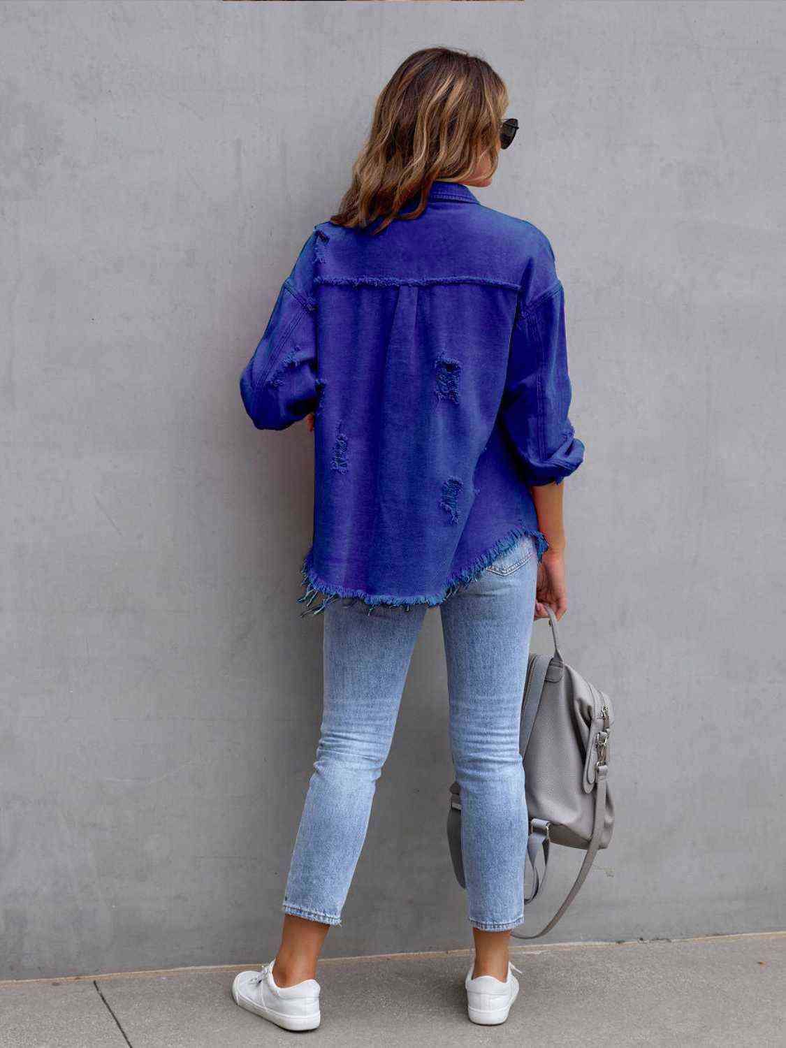 Distressed Drop Shoulder Denim Jacket - Manor Rose