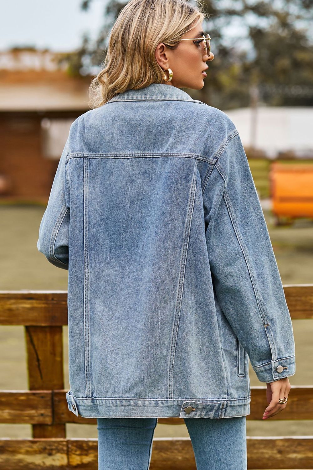 Buttoned Collared Neck Denim Jacket with Pockets - Manor Rose