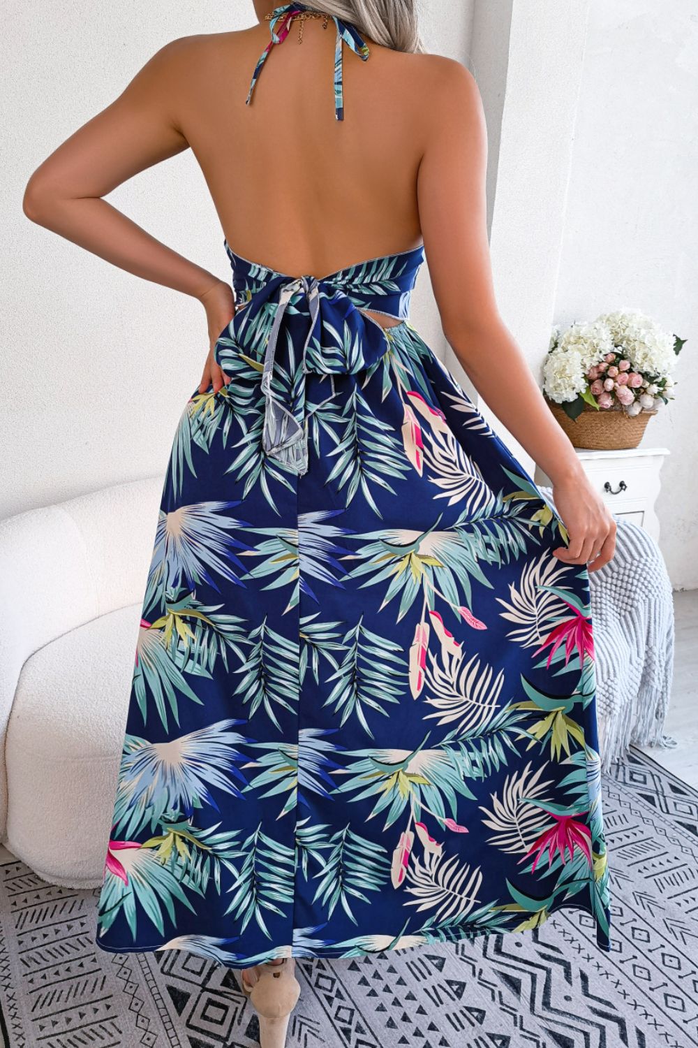 Botanical Print Tied Backless Cutout Slit Dress - Manor Rose