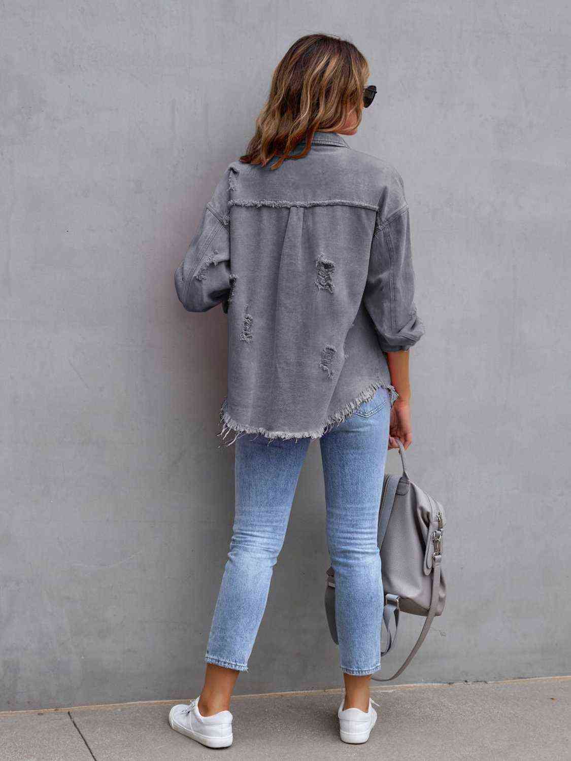 Distressed Drop Shoulder Denim Jacket - Manor Rose